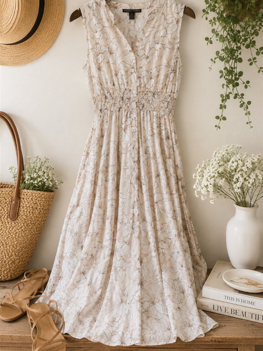 Chelsea & Theodore Floral Midi Dress Small 100% Cotton Sleeveless Smocked Waist